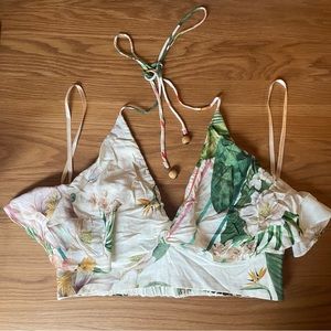 Farm Rio Halter Crop Top with Beaded Strap Ends and Flounces